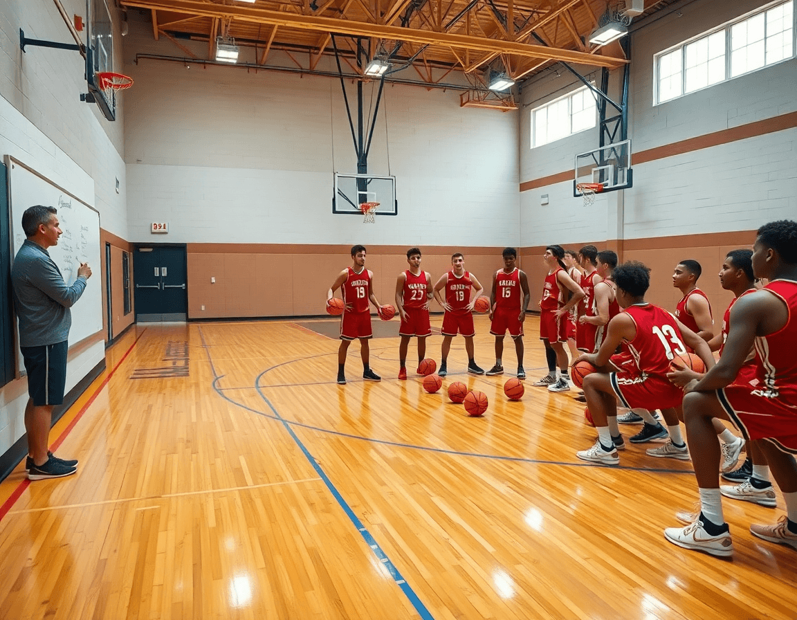 Coach outlines weekly drill priorities on a whiteboard as players drill best basketball drills for high school.