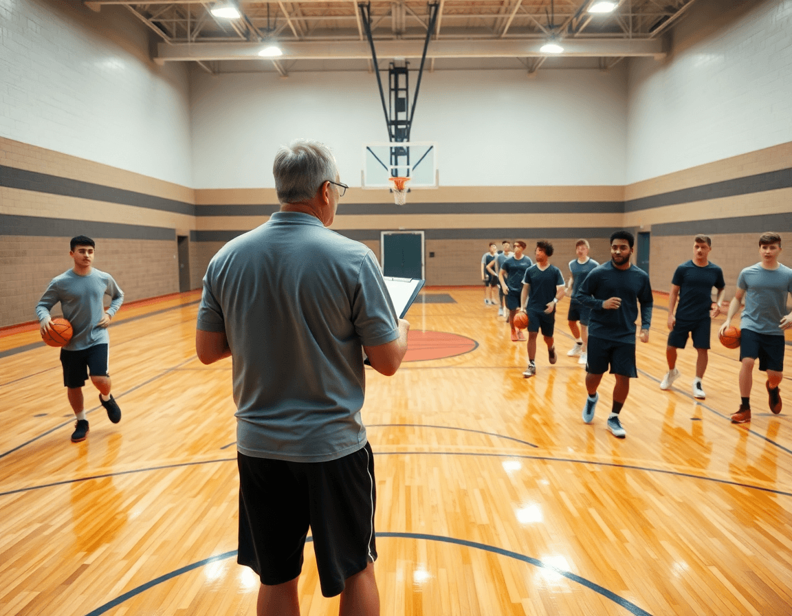 Wide gym scene showing best basketball drills for high school in practice with coach and players.