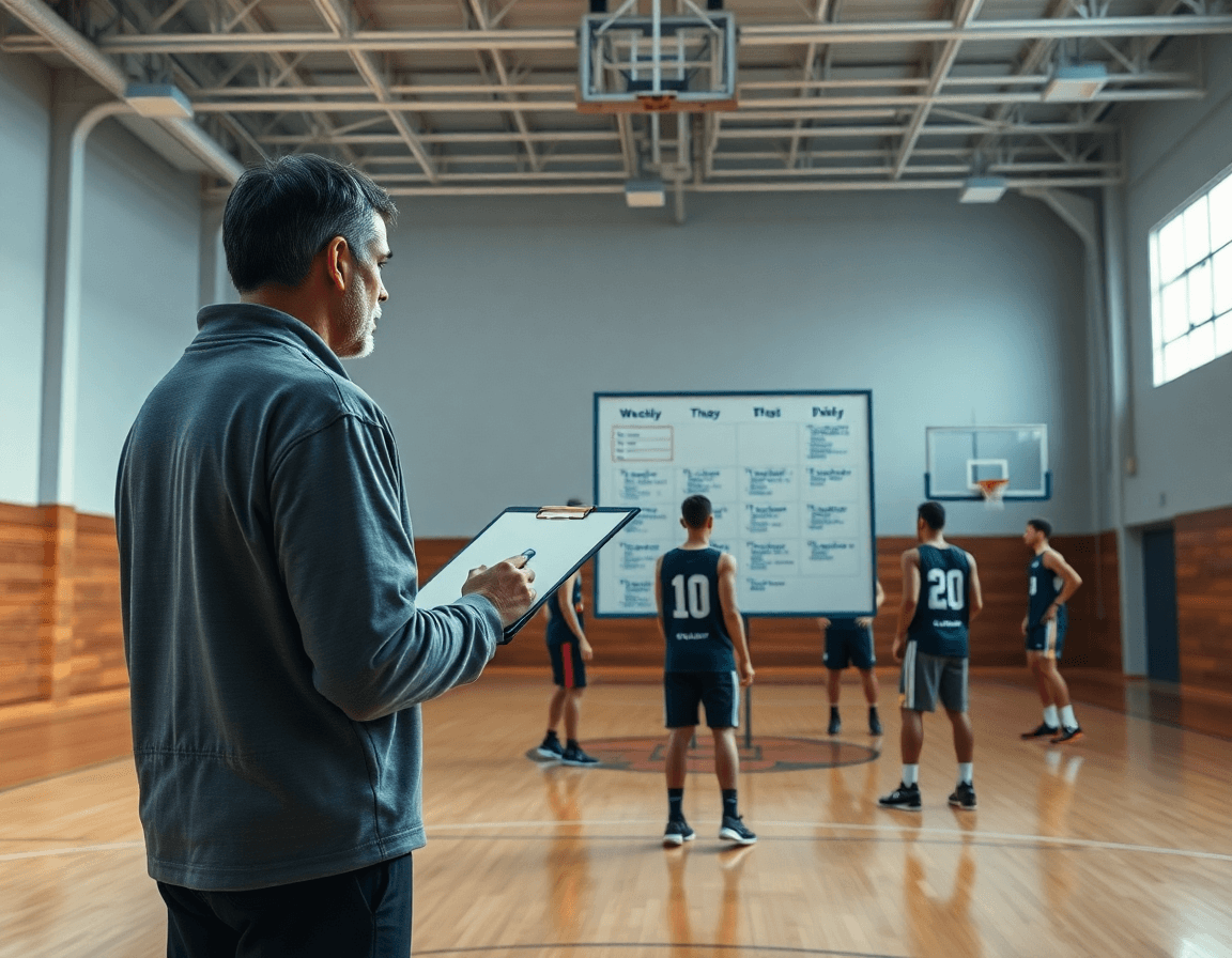 Coach with clipboard plotting best basketball drills during weekly practice in a basketball gym.