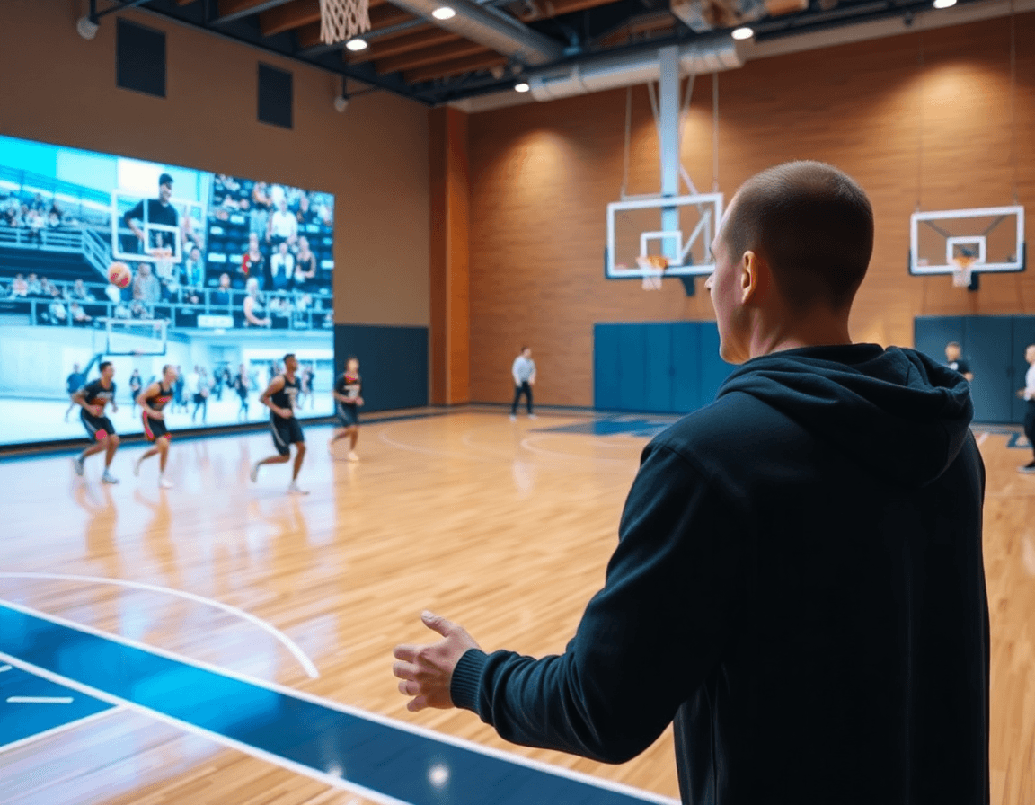 Video-driven practice as players watch clips and immediately execute basketball drills on the court.
