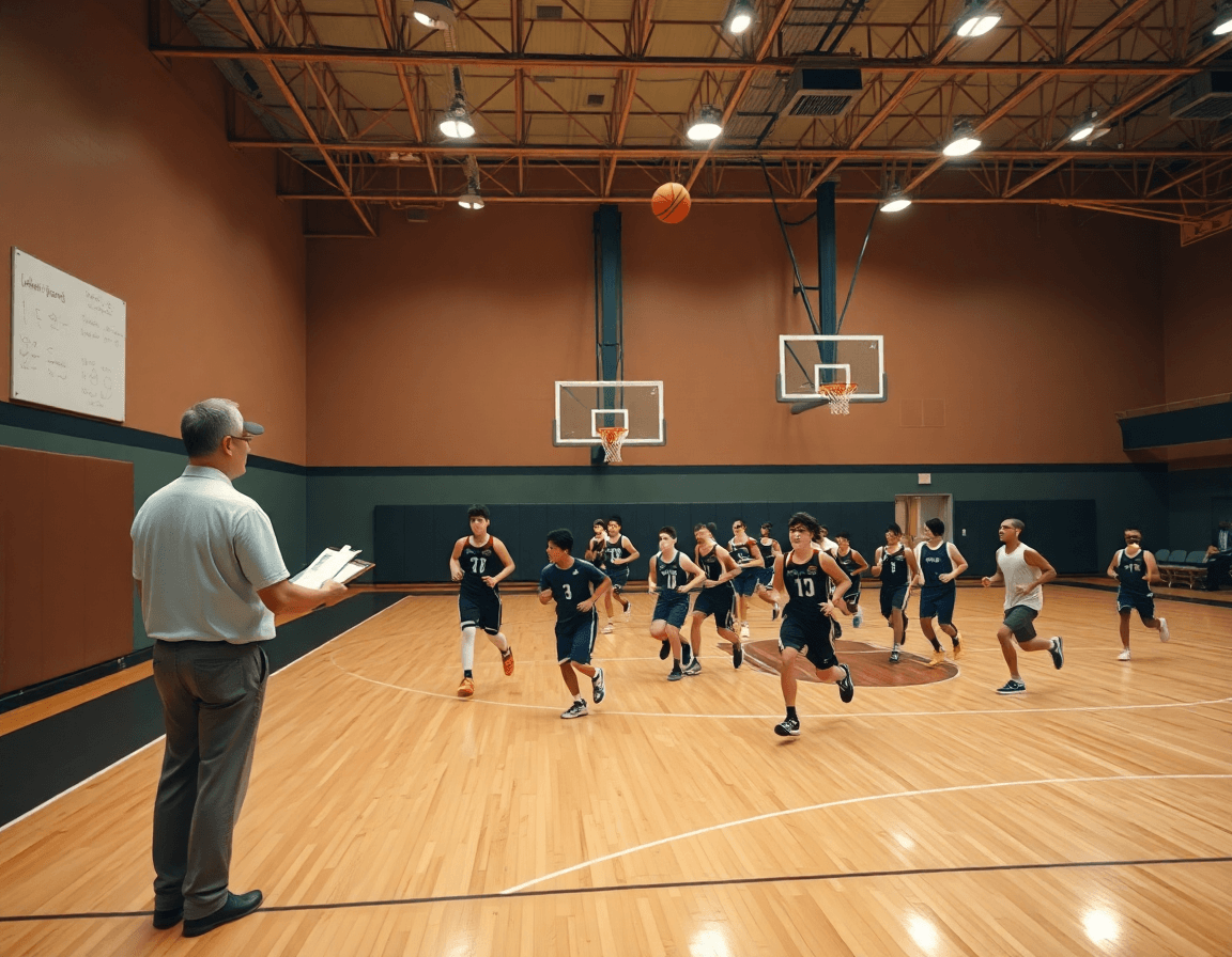 Wide shot of a basketball gym with coach guiding players through best basketball drills.
