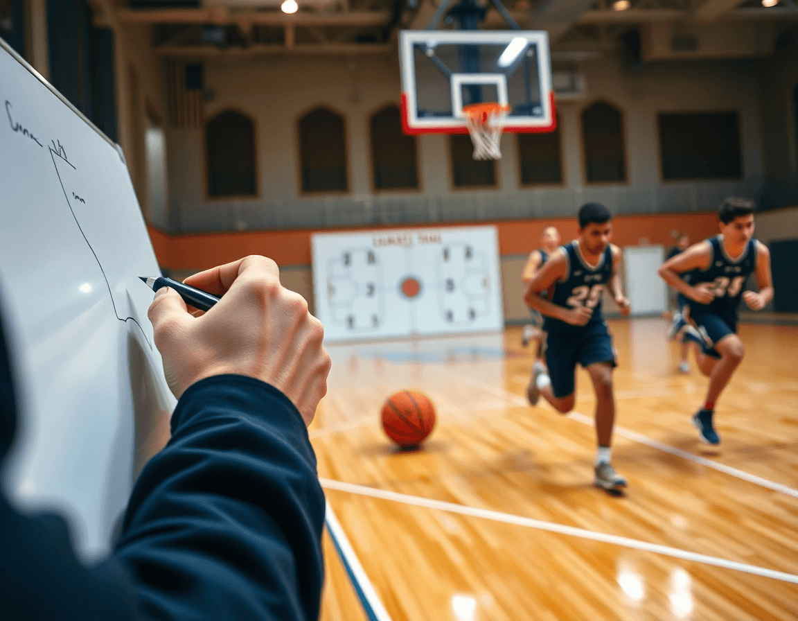 Close-up of a coach's hands drafting a basketball play on a whiteboard, exploring basketball play designer app concepts.