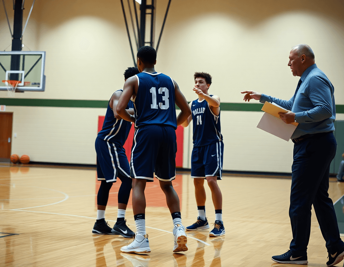 Two players execute a pick near the top of the key as the coach critiques basketball play ideas.