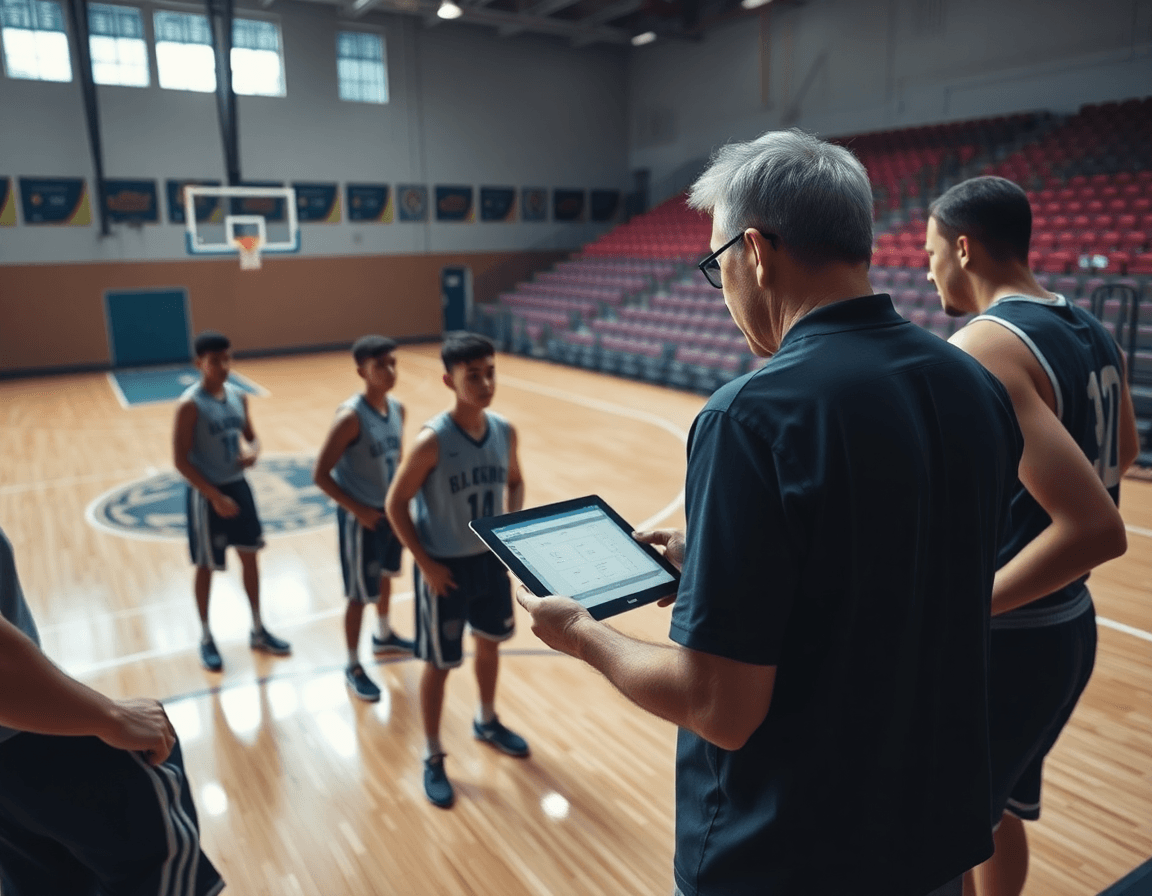 Wide-angle basketball scene shows a team on the hardwood court with a coach and tablet during play library sprint.