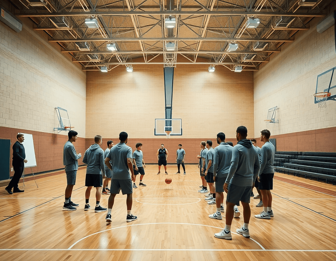 Coach sketches a basketball play designer app concept on a tablet during basketball practice.