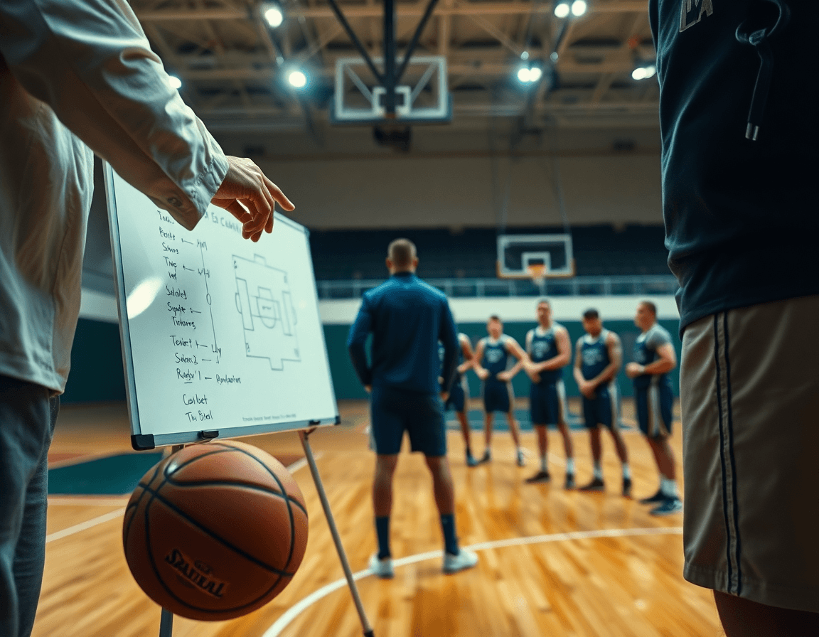 Basketball drill in progress with players and the best basketball play designer at the whiteboard.