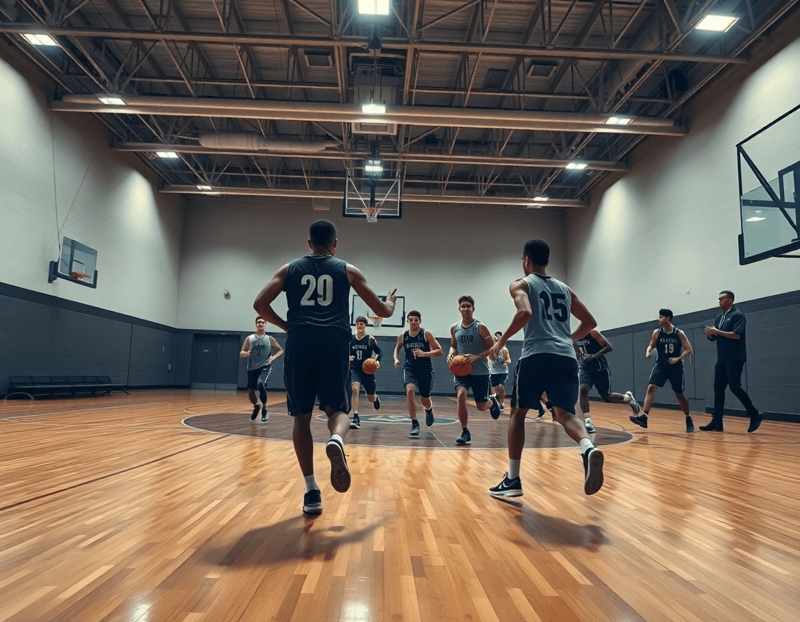 Shot of a team running a play while the best basketball play designer reviews clips.