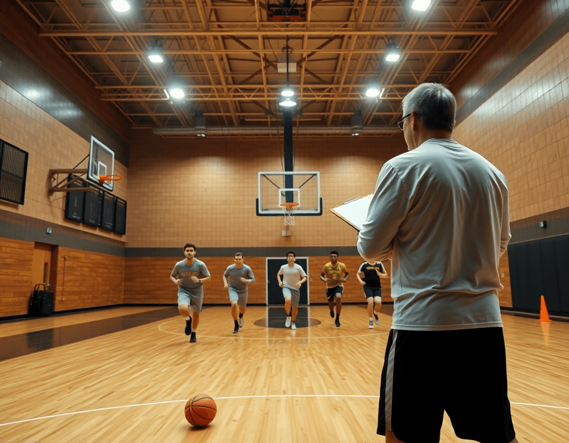 Wide gym scene showing the best basketball play designer guiding a team in practice.
