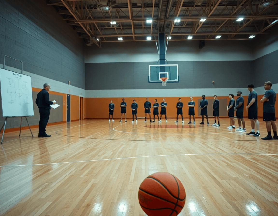 Wide gym scene showing the best basketball playbook app guiding basketball practice through a coach and players.