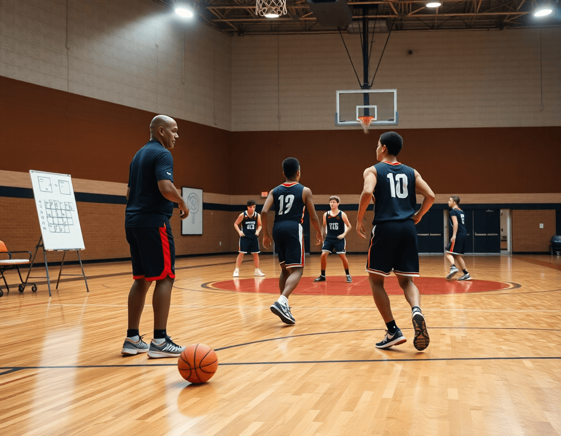 Wide gym shot shows basketball drills guided by best basketball playbook software and a focused coach.