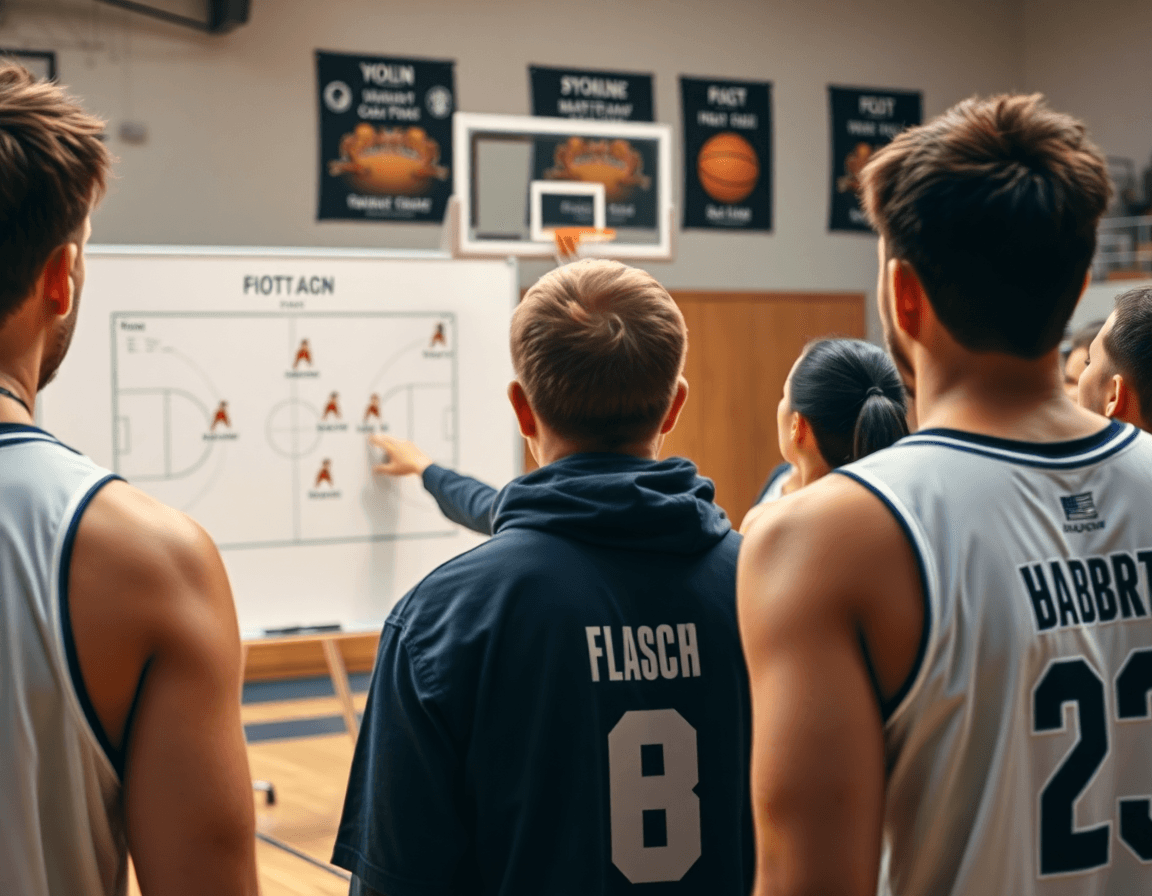 Close-up of a coach at a whiteboard showing a basketball play while players watch the basketball drill.