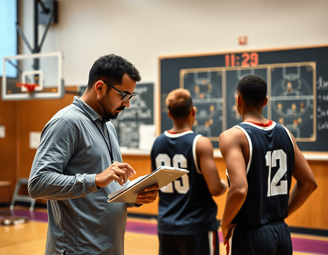 Coach studies basketball scouting notes on a tablet while players study basketball plays on the chalkboard.