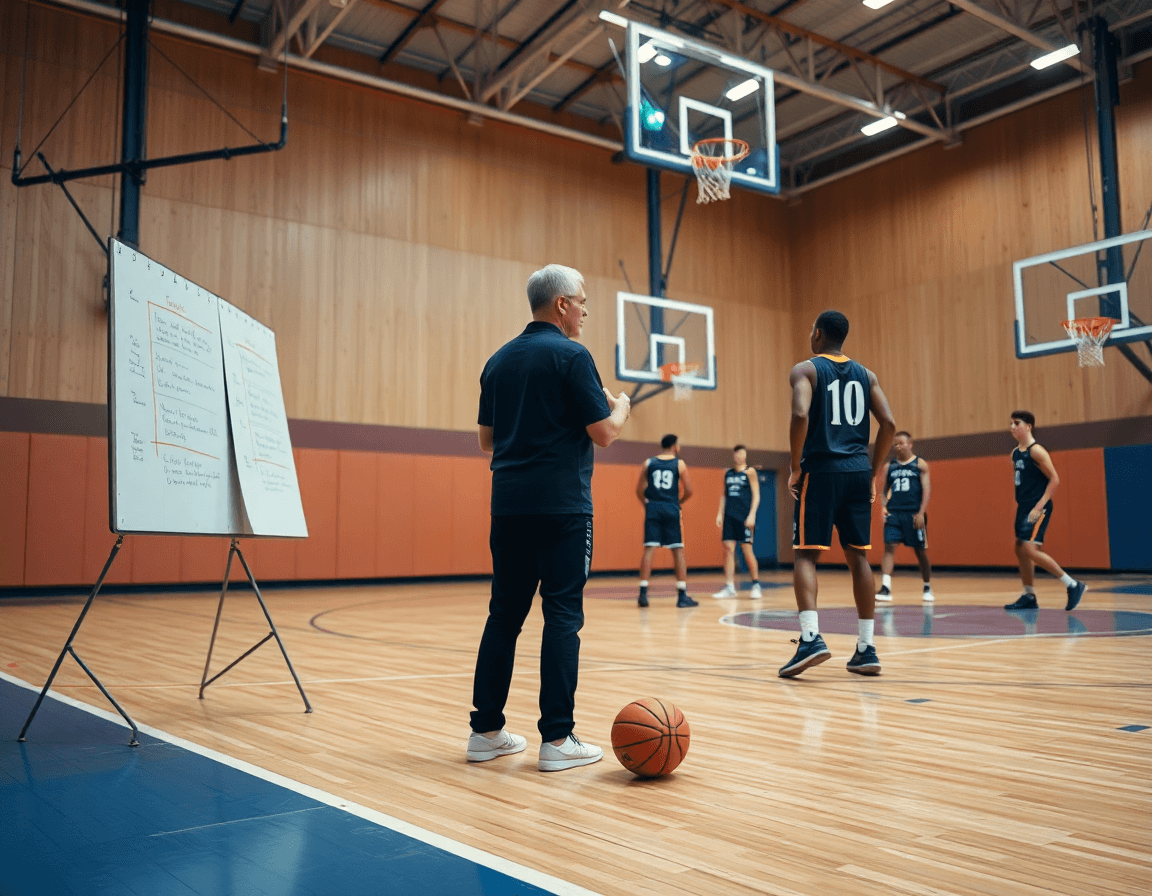 Wide gym scene showing basketball drills guided by best basketball playbook software and a focused coach.