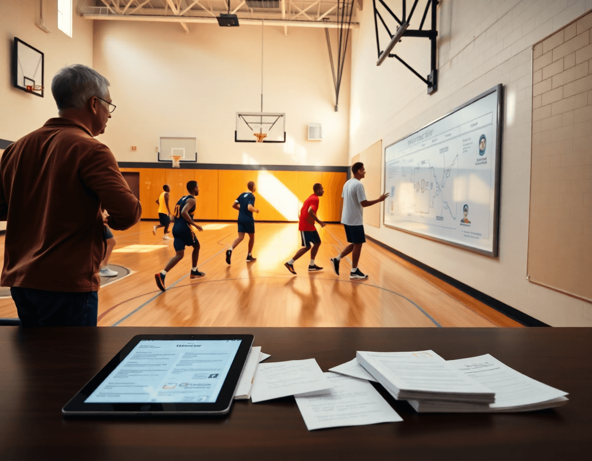 Coach presents weekly playbook on whiteboard in a bright basketball gym; best basketball playbook visible.
