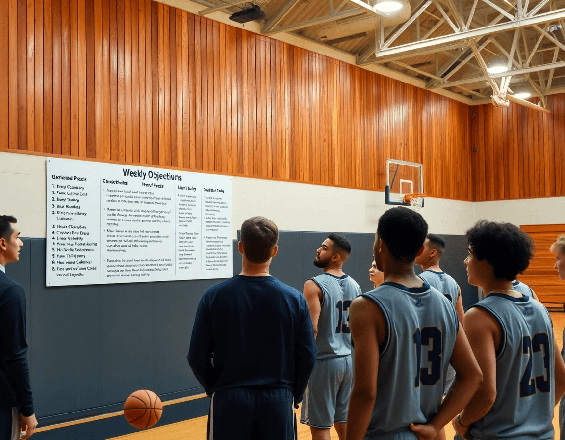 Coach points to wall with weekly objectives in a basketball gym, best basketball playbook guiding.