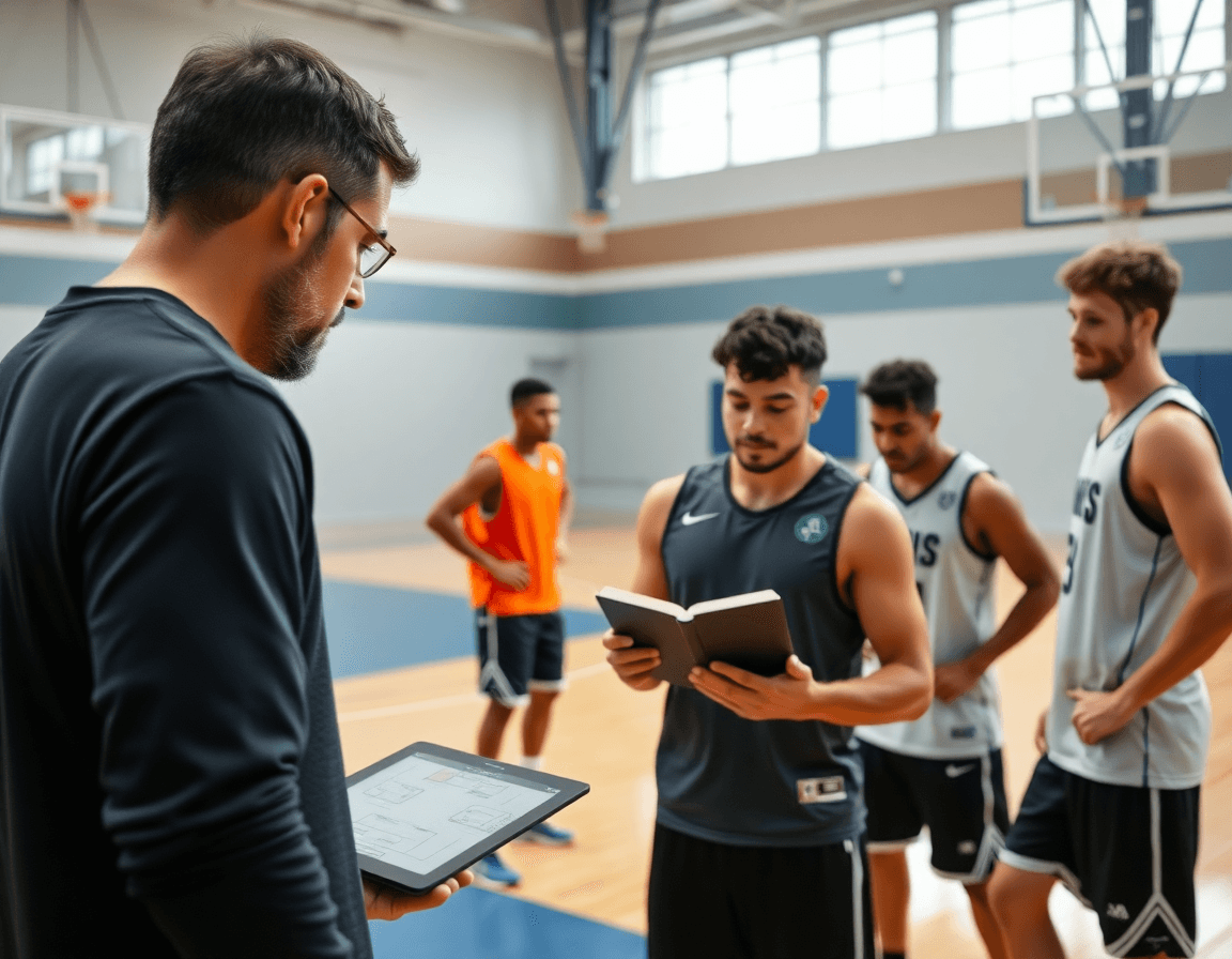 Team refines the best basketball playbook on a tablet in the basketball gym.