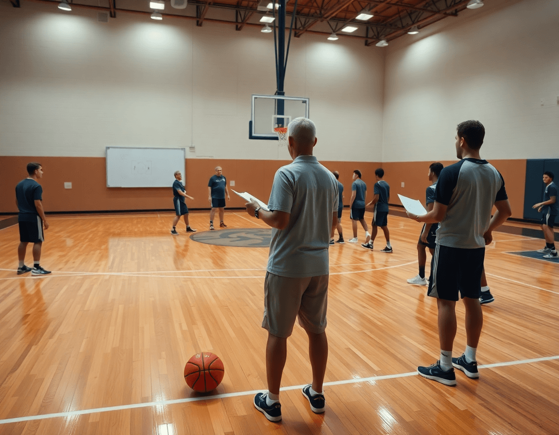 Wide cinematic basketball gym scene with coach and team mid-practice, best basketball playbook in use.