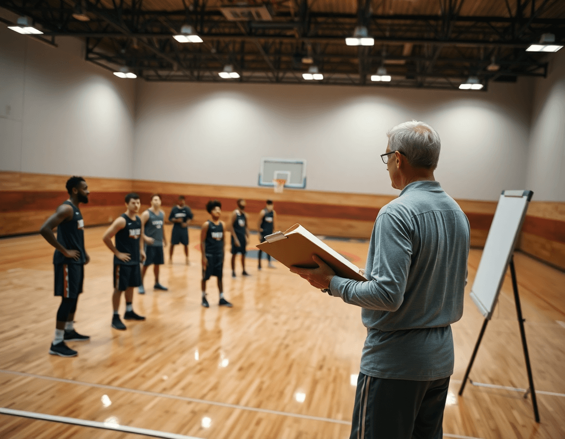 Wide shot of basketball practice, showcasing best basketball plays to run guiding a focused team