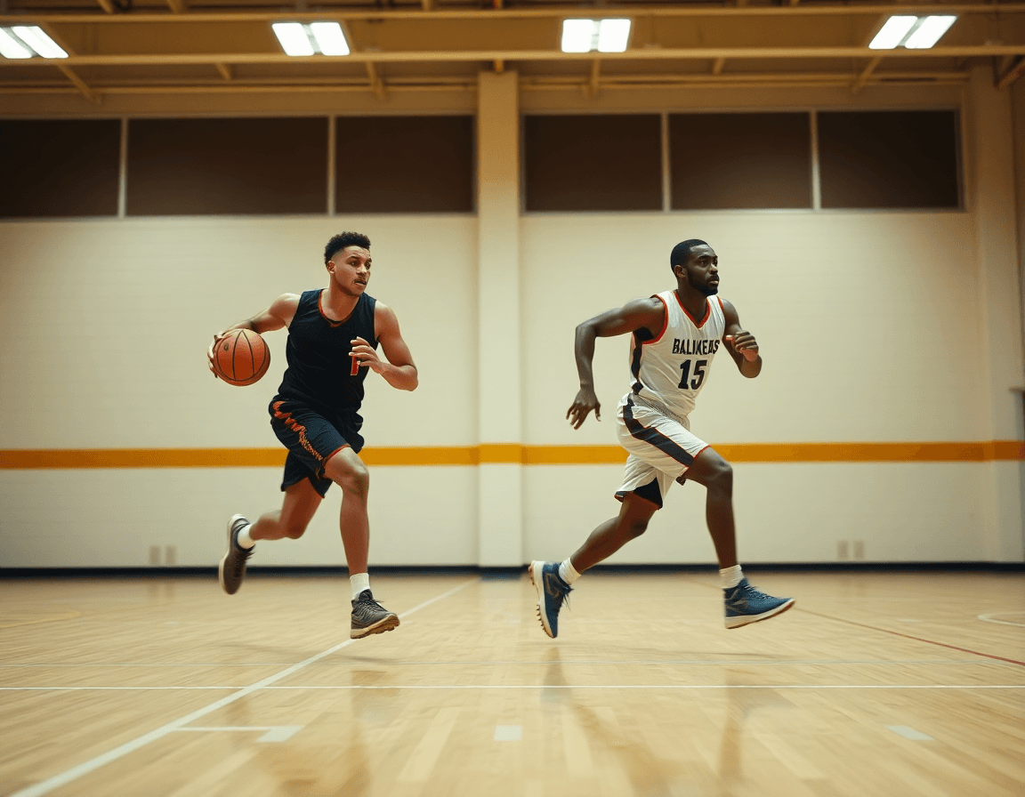 Players running a fast-break drill in practice