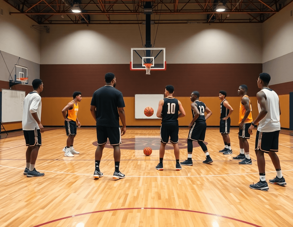 Coach guides the team through the best basketball plays sequence during a full-court drill.