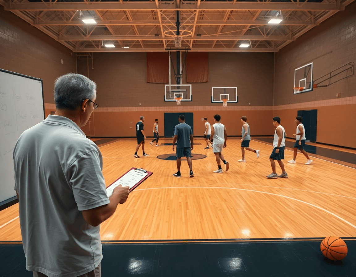 Wide-angle gym scene with coach and team practicing the best basketball plays.