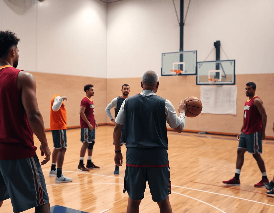 Close-up of a coach with a whiteboard guiding a basketball drill on the hardwood basketball court.