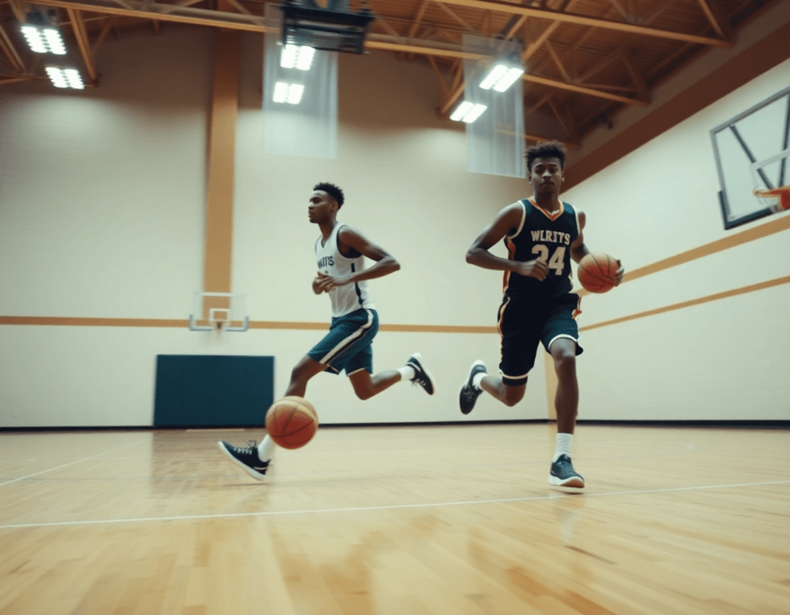 Players running a fast-break drill in practice