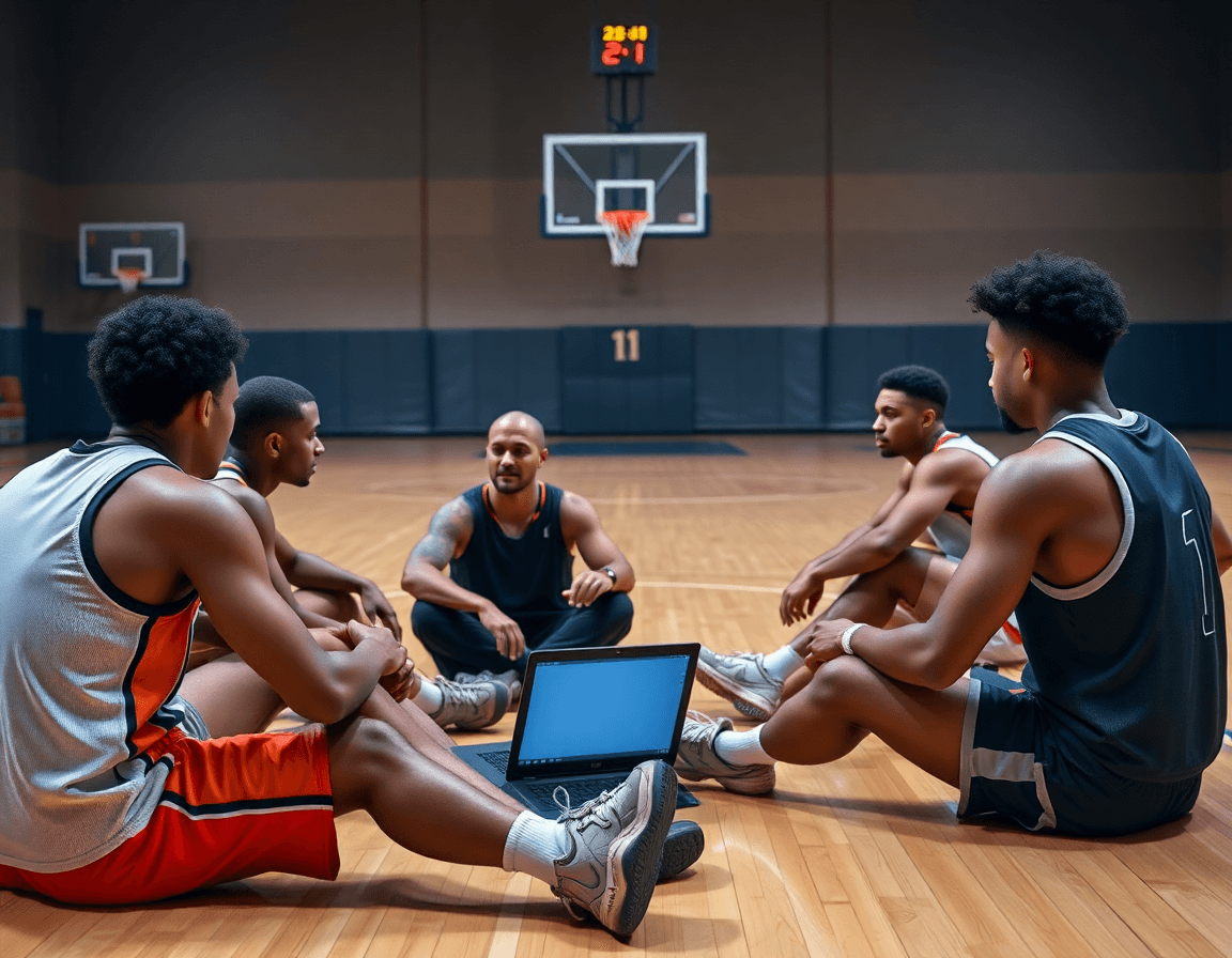 Coach reviews clips on a laptop beside the hardwood basketball court, illustrating best basketball practice plan ideas.