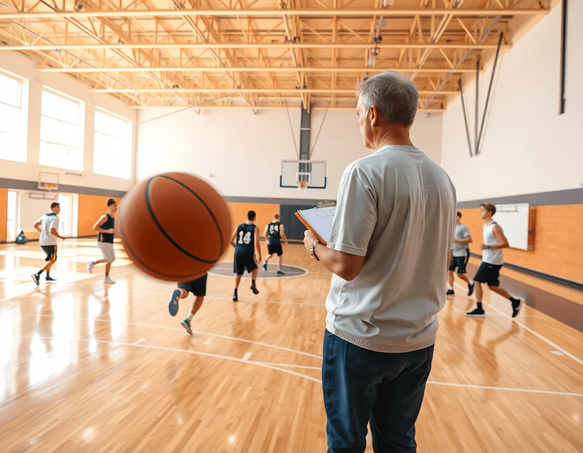 Wide shot of a basketball gym showing a coach guiding a best basketball practice plan on the hardwood.