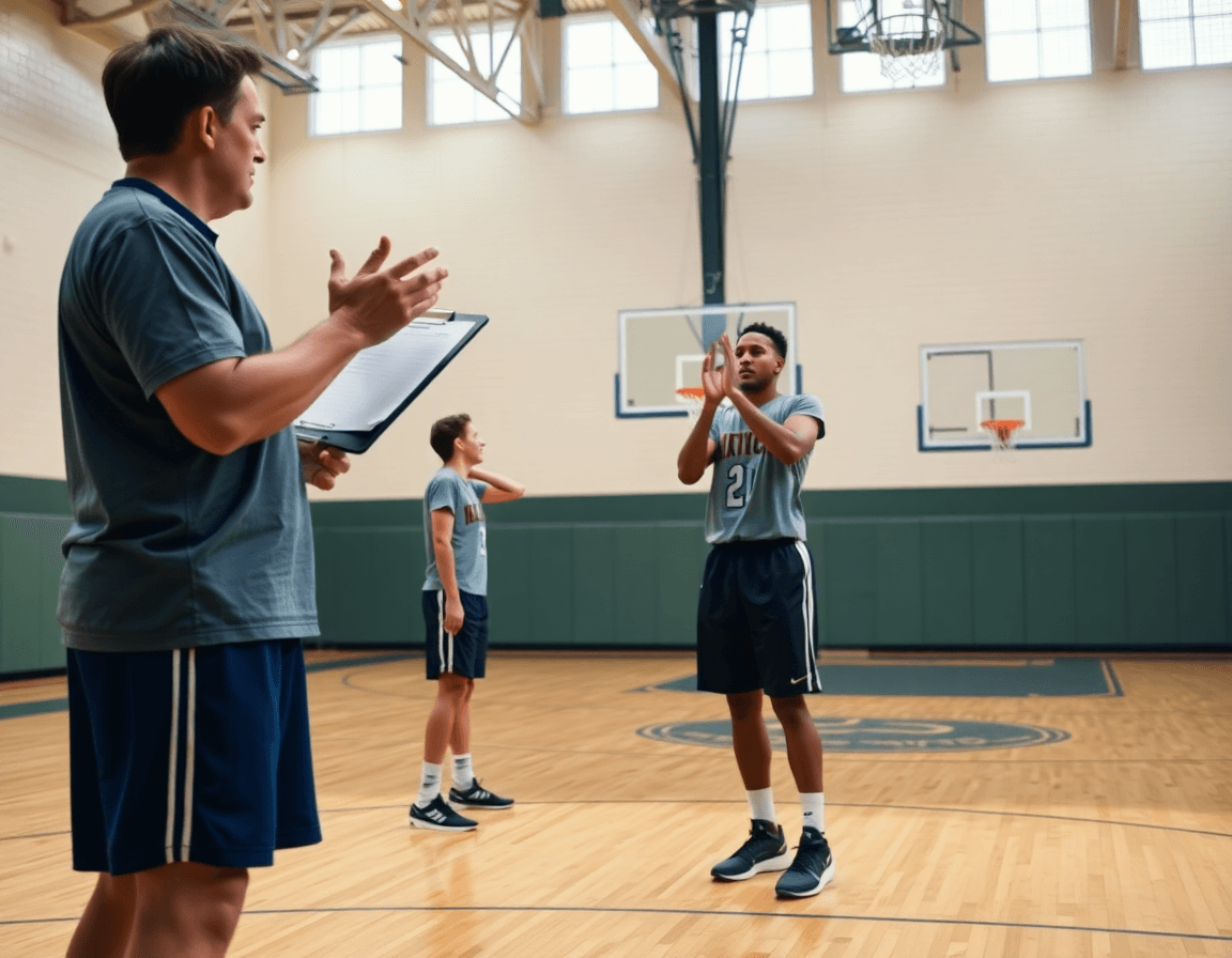 Close-up of form shooting on hardwood basketball court, coach guiding basketball technique.