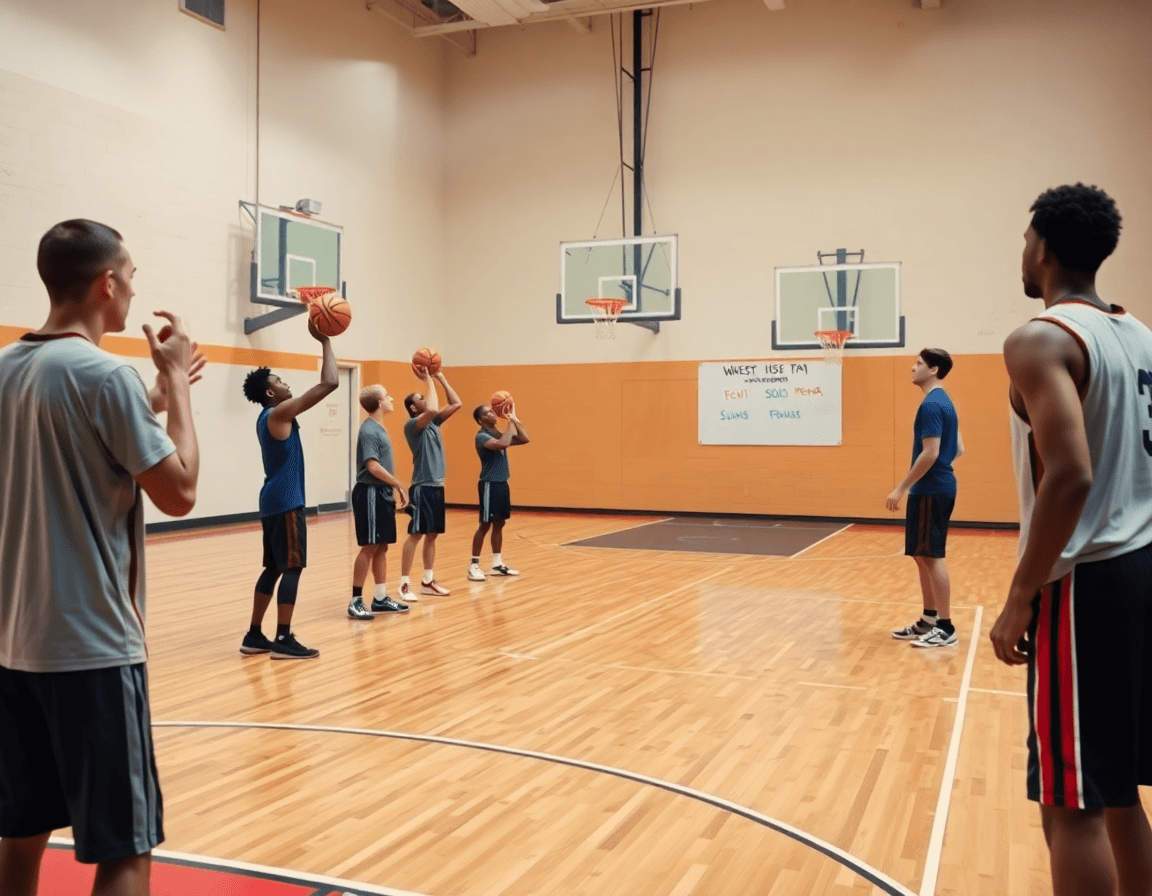 Basketball players at the three-point line perform catch-and-shoot drills while coach times basketball shots.