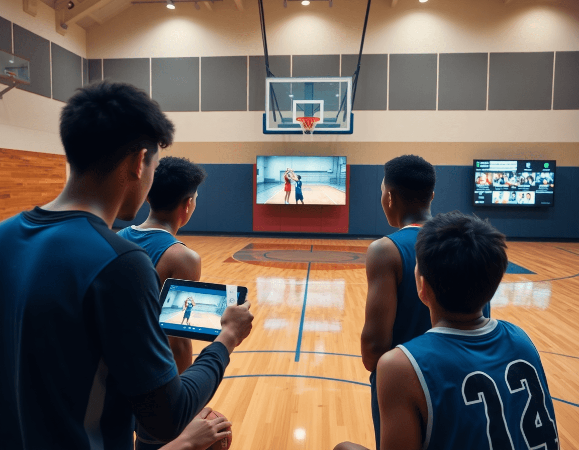 Basketball players study video feedback on a tablet as coach explains shooting progression.