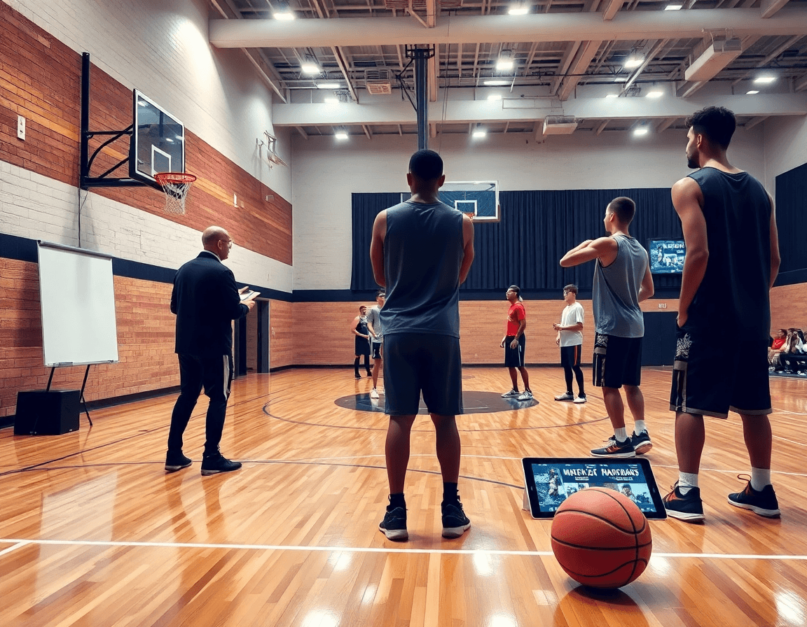 Wide shot of a real basketball gym with coach and players practicing best basketball shooting drills progression.