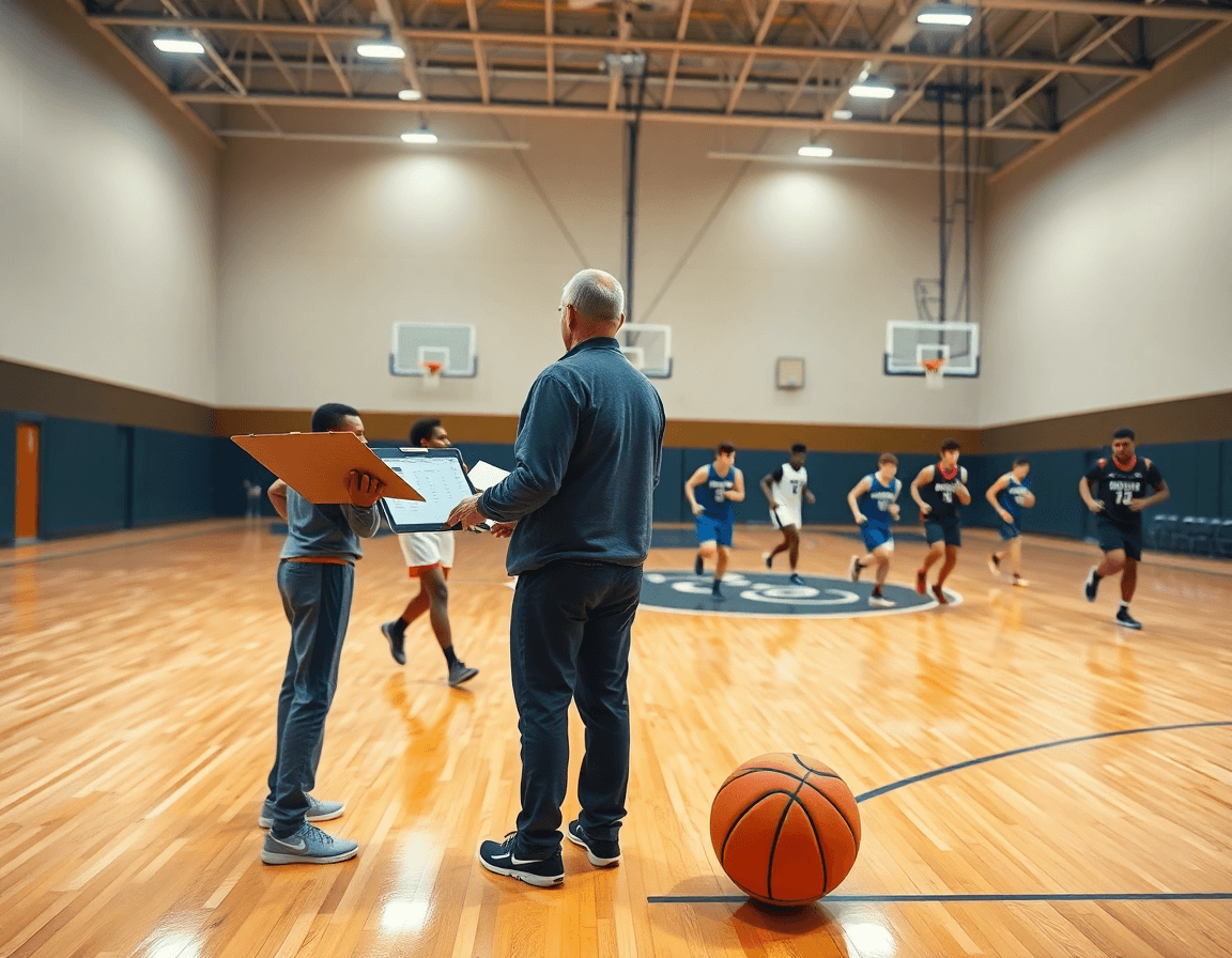 Coach on a hardwood basketball court uses the best basketball stat tracking app during practice.