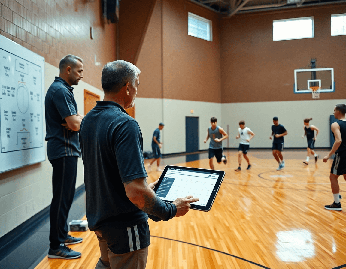 Coach reviews best basketball stats software notes while players drill defense on the hardwood.