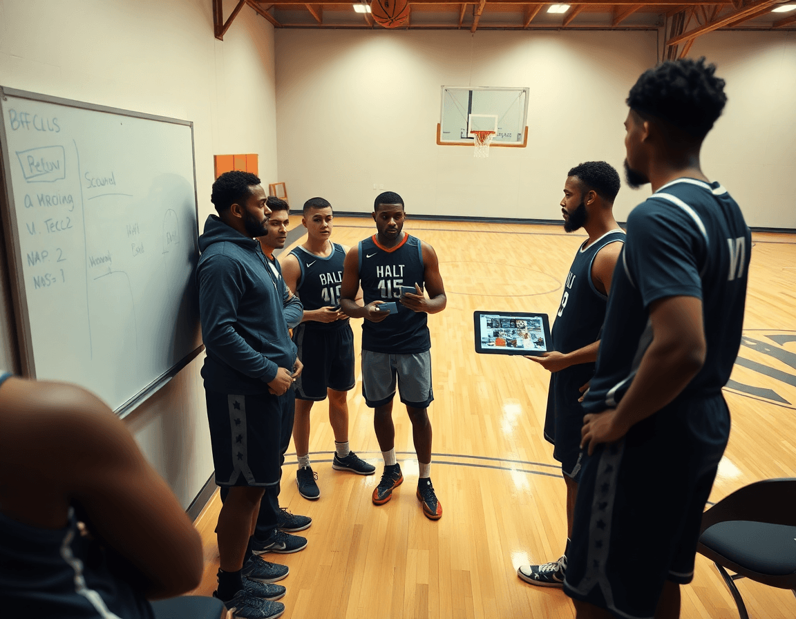 Coach and players huddle around scouting notes, discussing how best basketball stats software informs game prep.