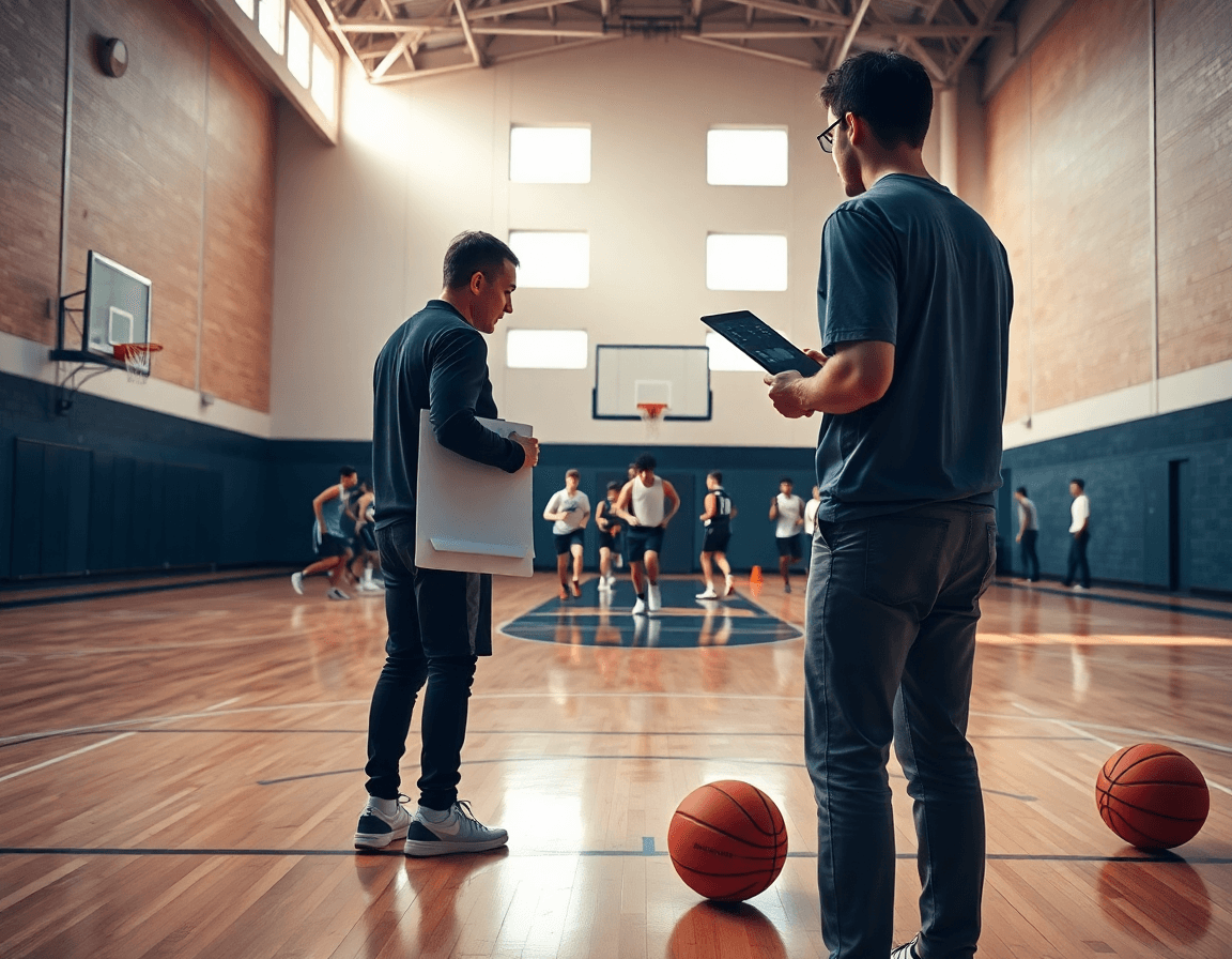 Wide basketball gym scene: coach and team review stats during practice, basketballs in play.