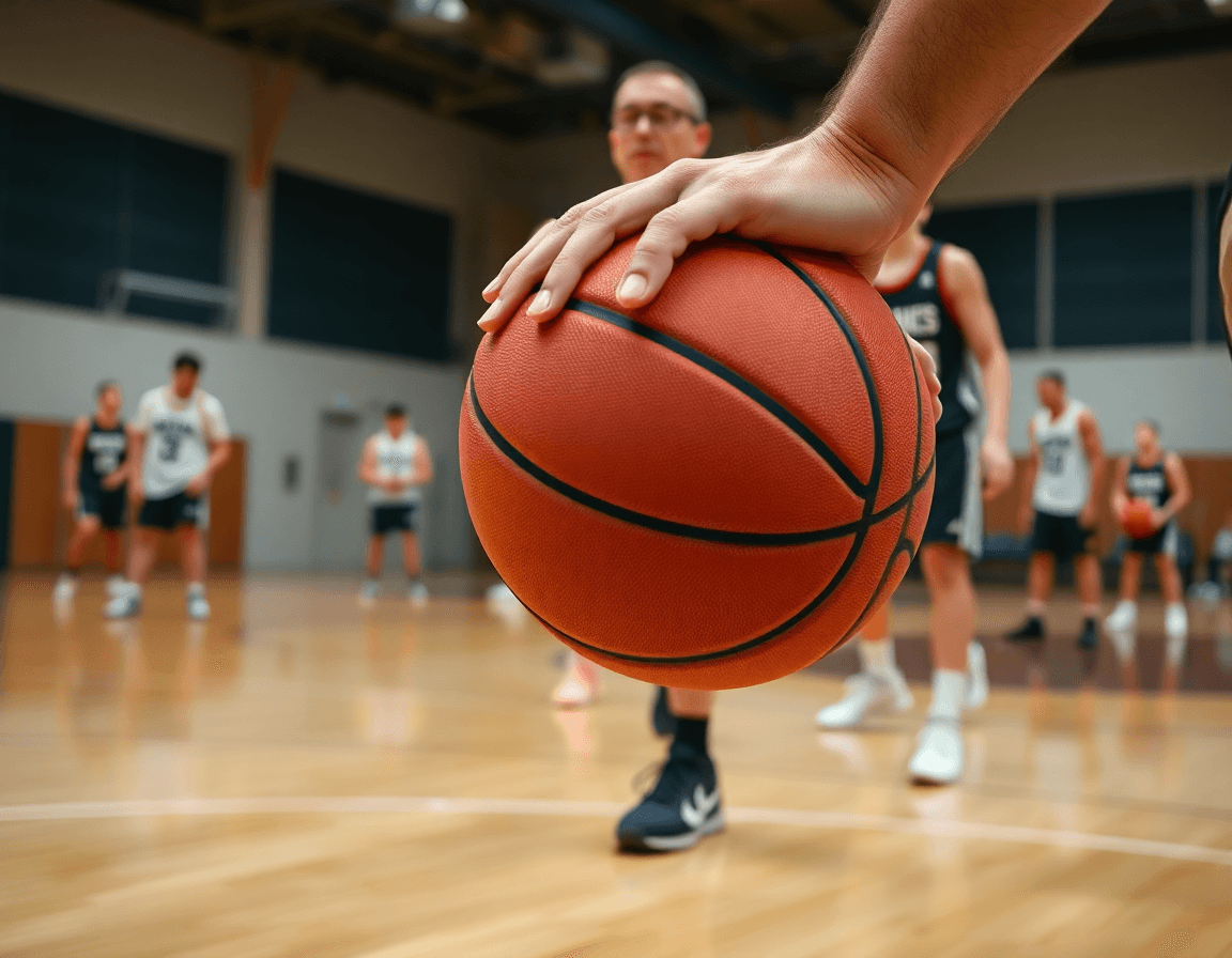 Close-up on a player's hands dribbling a basketball during best basketball team drills on court.