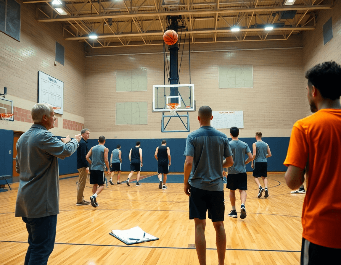 Wide shot of the gym showing best basketball team drills in action with coach and players.