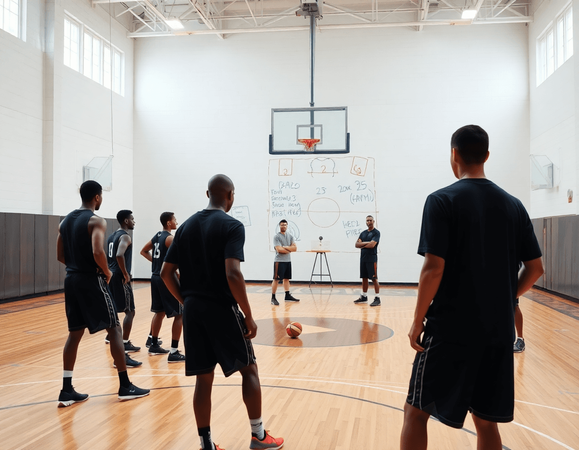 Coach explains best basketball zone defense adjustments to the roster near a whiteboard during the drill.