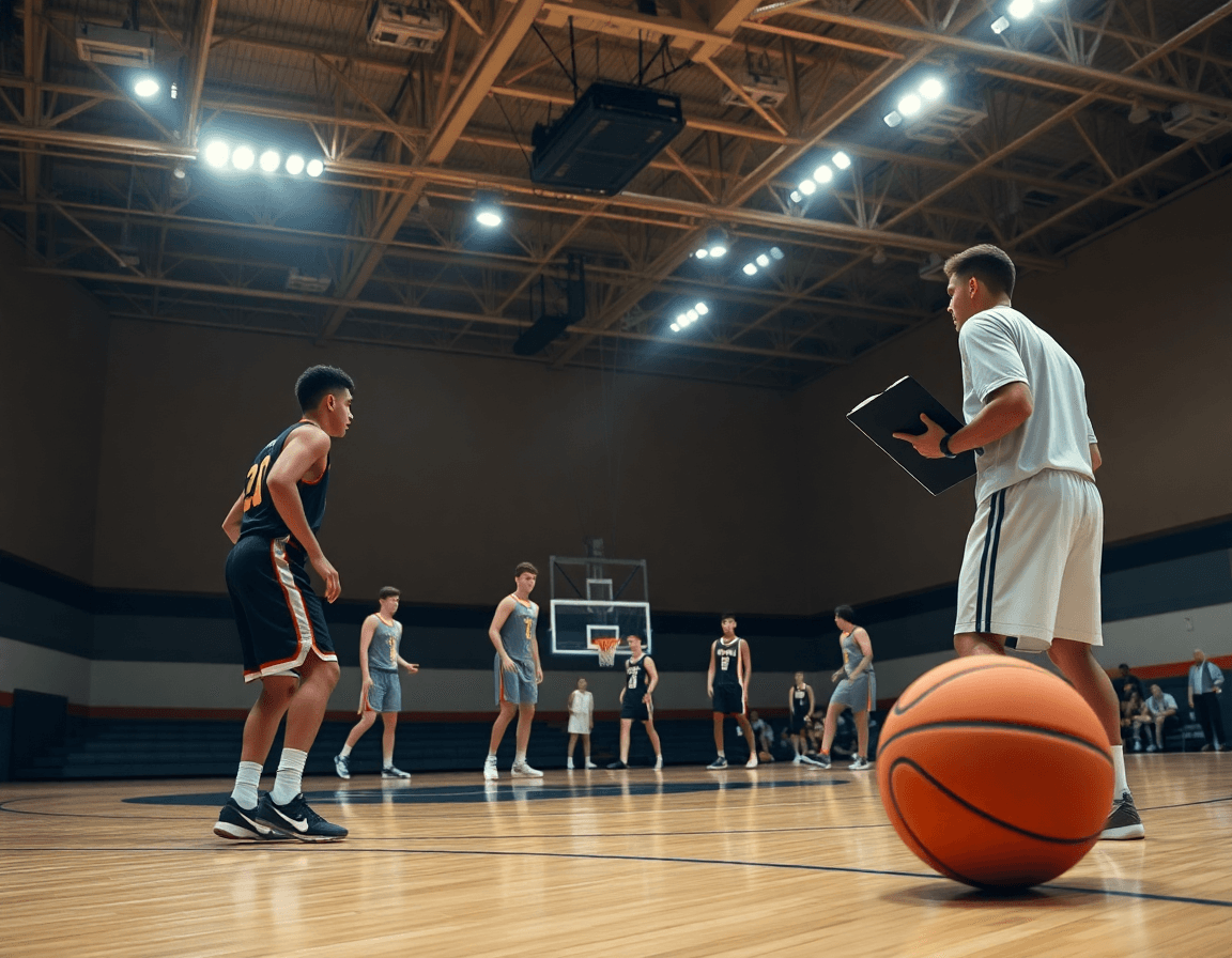 Defenders practice the best basketball zone defense trapping and disguises near the baseline under gym lights.