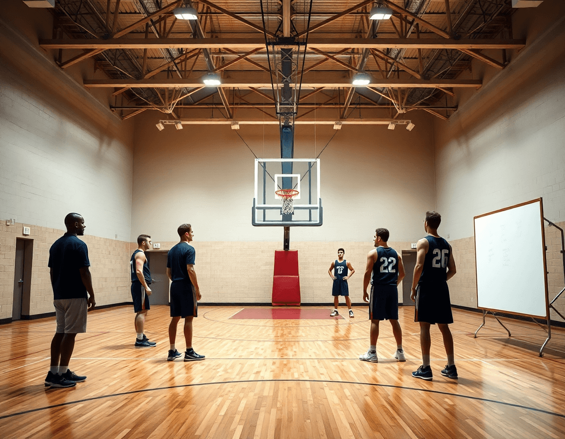 Wide, dramatic shot of players practicing the best basketball zone defense under gym lights.