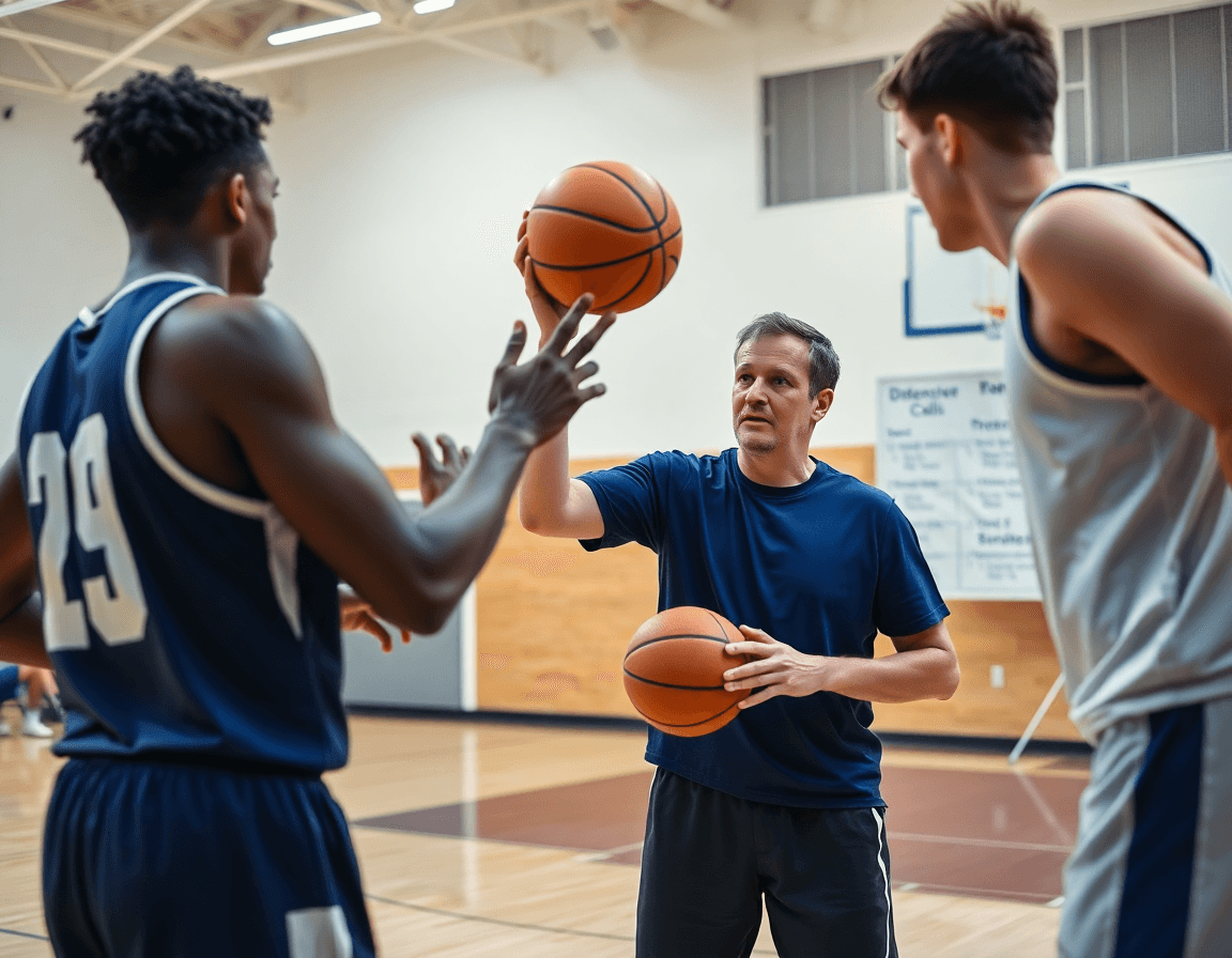 Close-up of basketball players in a defensive drill, coach directing from a basketball whiteboard.
