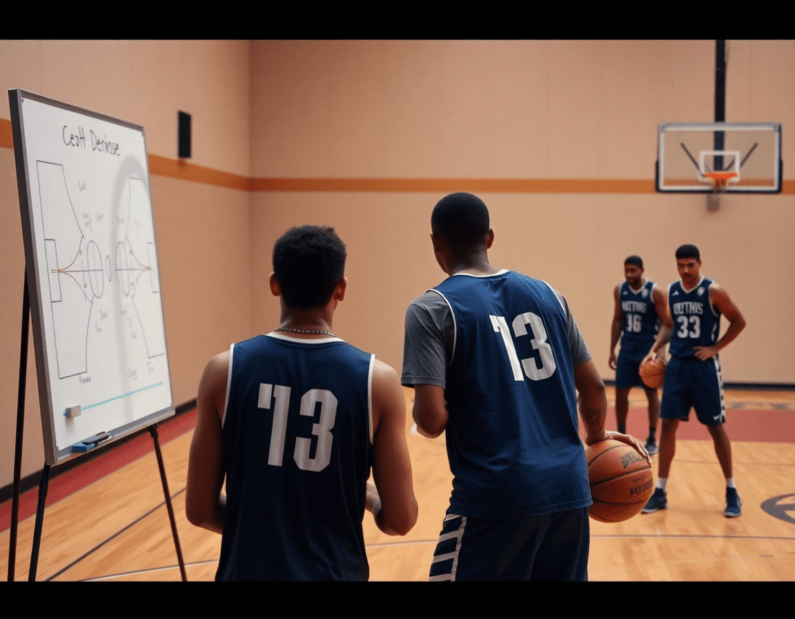 Coach explains defense while a guard dribbles a basketball and rehearses basketball plays.