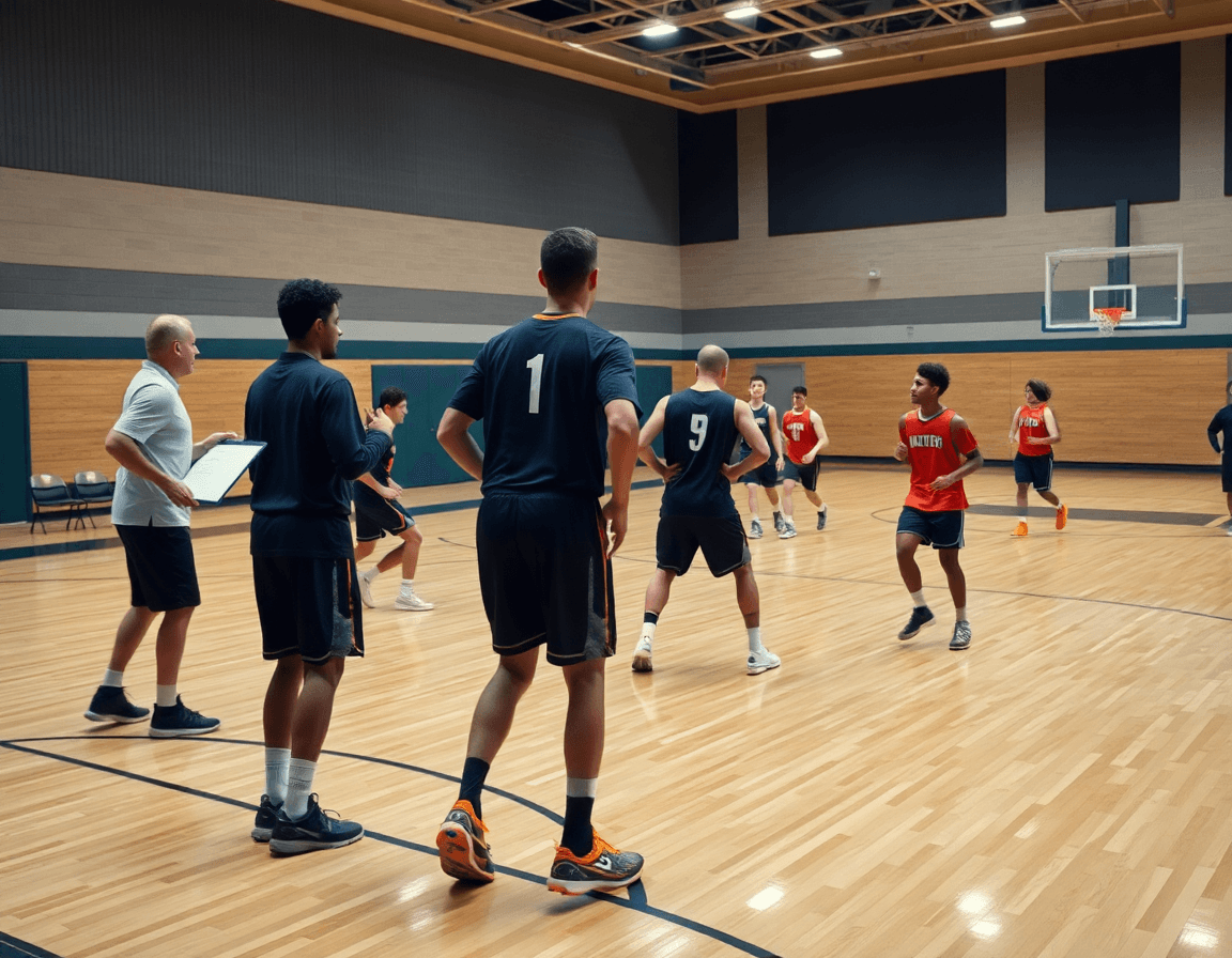 Two teams run a basketball defensive rotation on a hardwood basketball court.