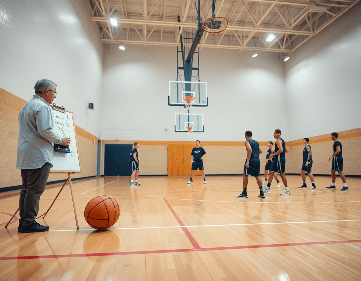 Wide shot of the best defense in NCAA basketball practice on a bright hardwood court.