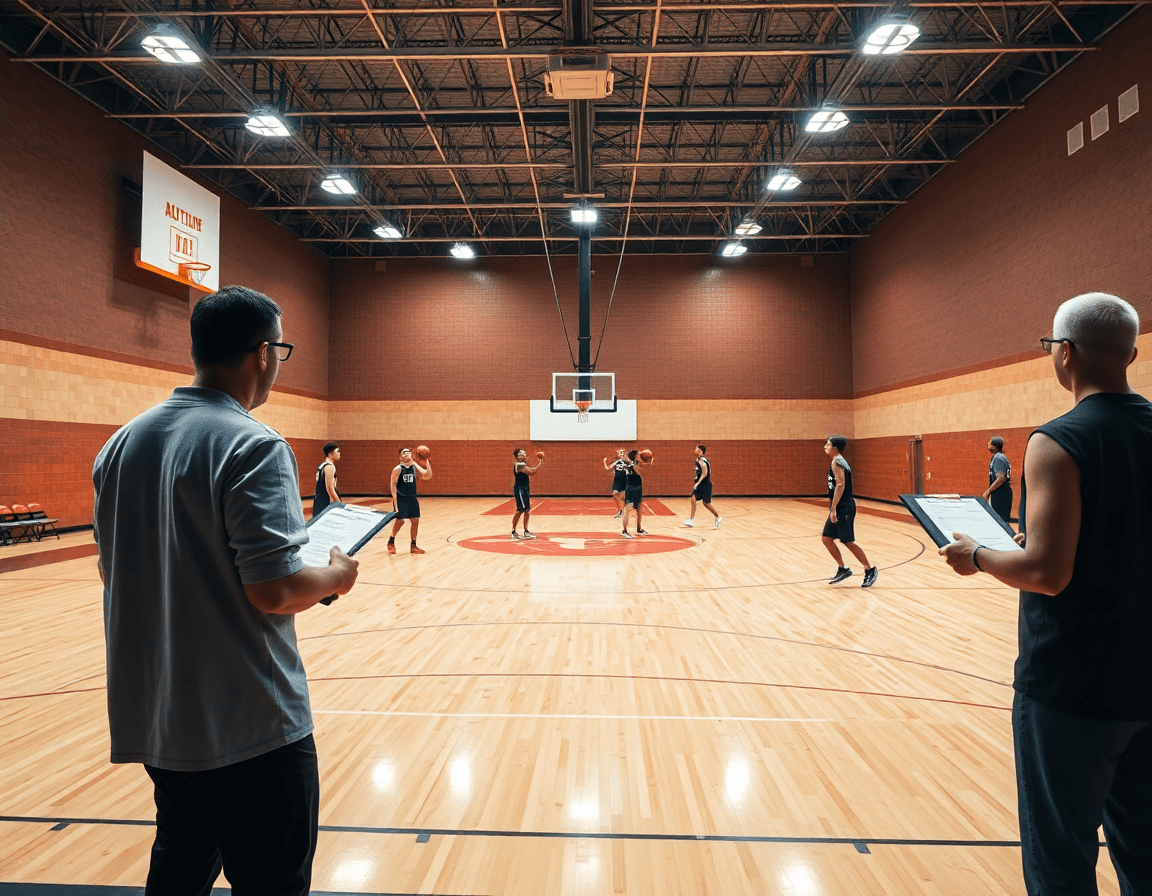Wide basketball gym scene as coach uses a blank basketball practice plan template on the clipboard.
