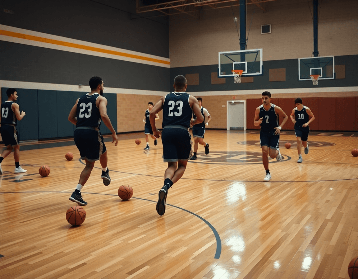 Group of players practicing a box-and-one drill on hardwood basketball court under coaching basketball guidance.