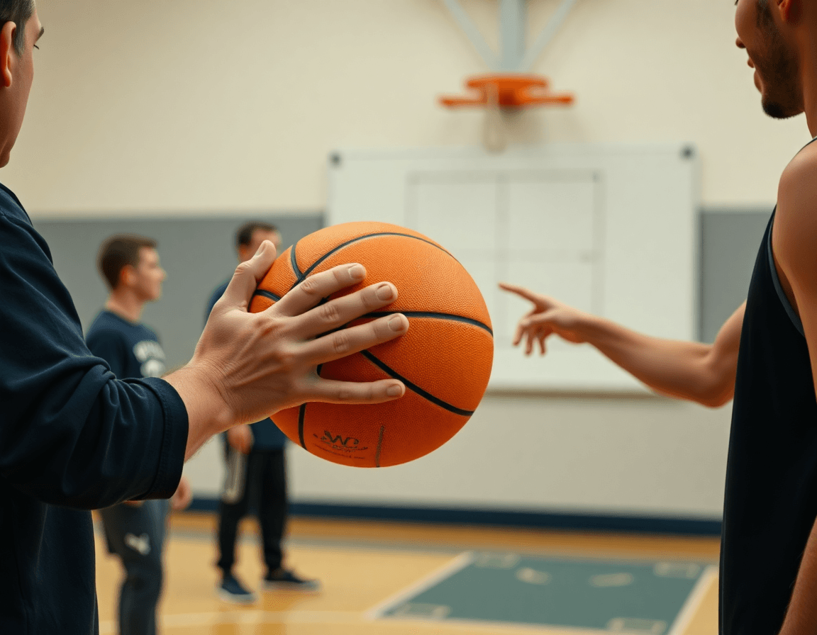 Close-up image showing hands and a basketball with a box-and-one diagram on a whiteboard during basketball practice.