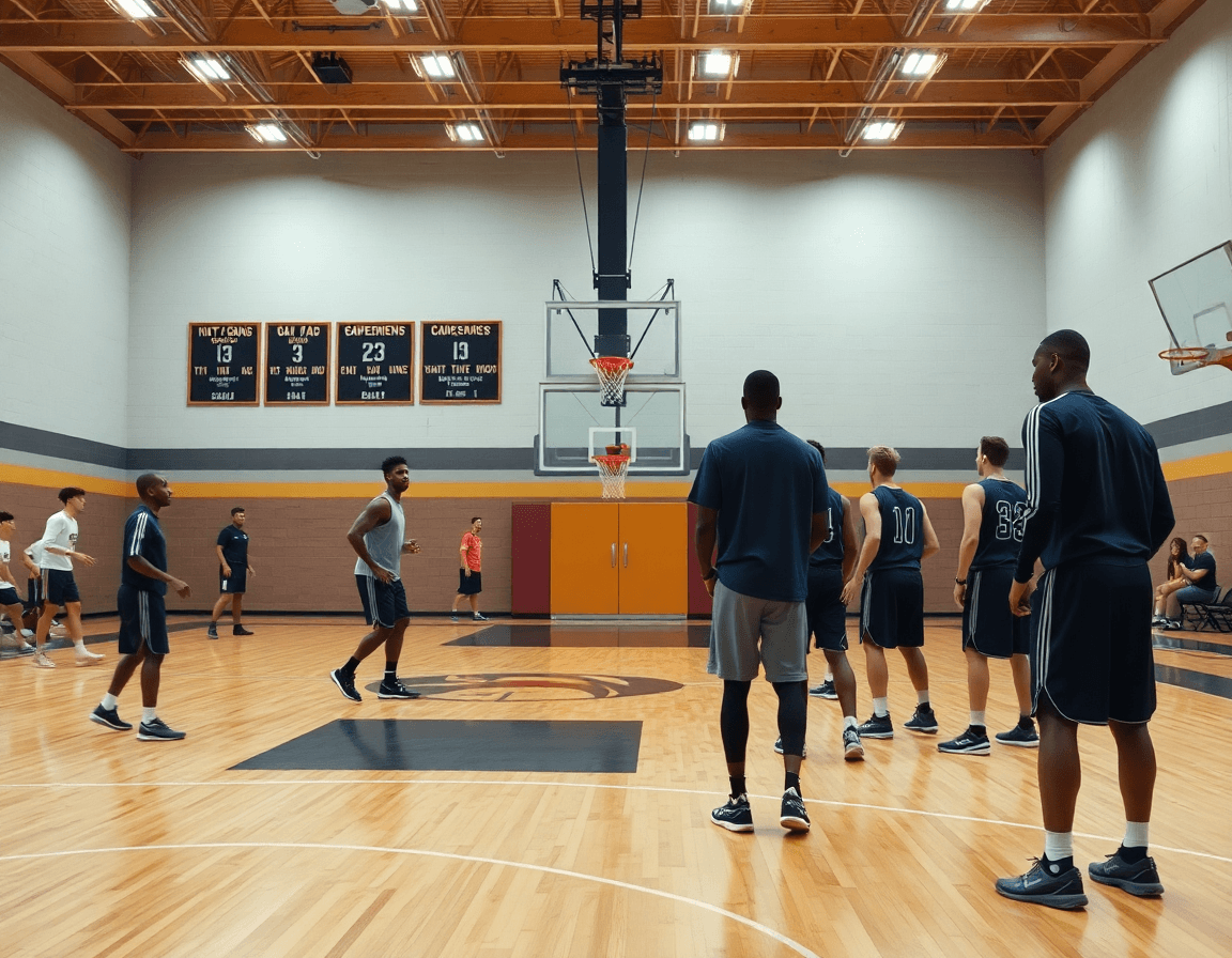 Wide shot of a hardwood basketball court during basketball practice showing players and coach executing a box-and-one setup.